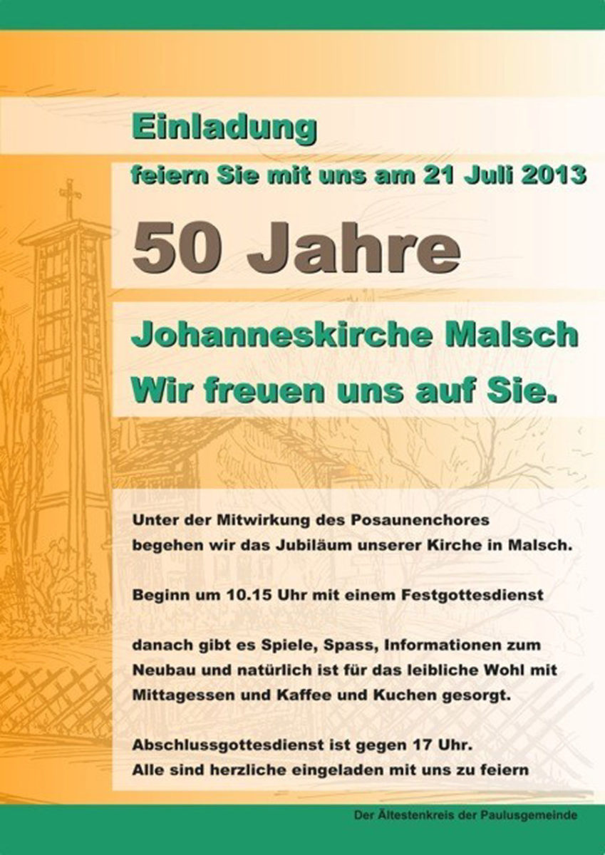 Einladung 50 Jahre Johanneskirche in Malsch