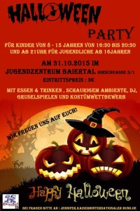Flyer Halloweenparty 31.10.15 JuZ-Baiertal
