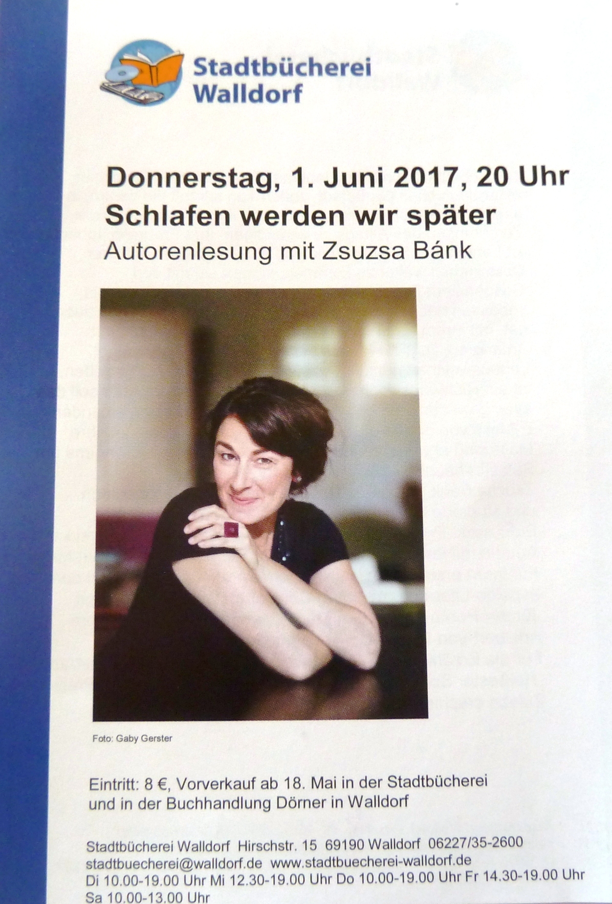 Autorenlesung mit Zsuzsa Bánk – „Schlafen werden wir später“