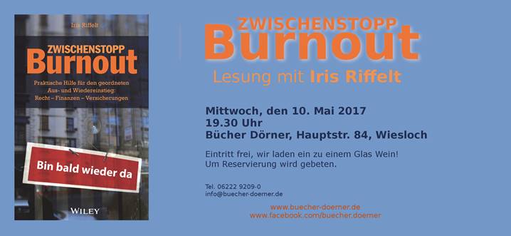 „Burnout“-Lesung mit Iris Riffelt bei Bücher Dörner am 10. Mai