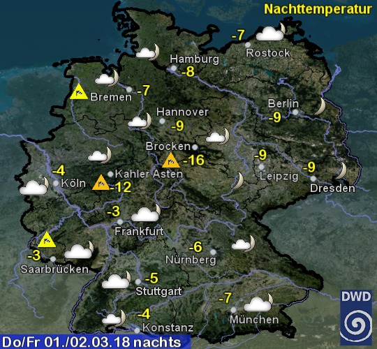 DWD warnt: Nachts verbreitet Frost. Am Freitag anfangs trocken, nachmittags von Südwesten her Schneefall.