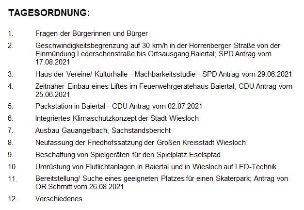 Sitzung des Ortschaftsrates von Baiertal am 14.09.2021