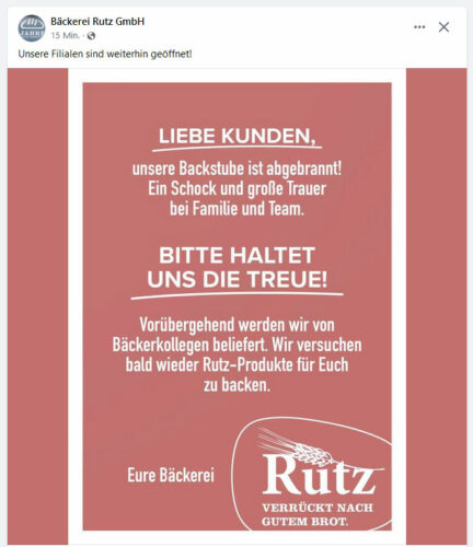 Unternehmensmitteilung bei Facebook: „Unsere Filialen sind weiterhin geöffnet!“