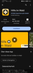 Im PlayStore oder im App-Store kann die "Hilfe im Wald"- App kostenlos heruntergeladen werden. Foto: Screenshot/PlayStore/INTEND