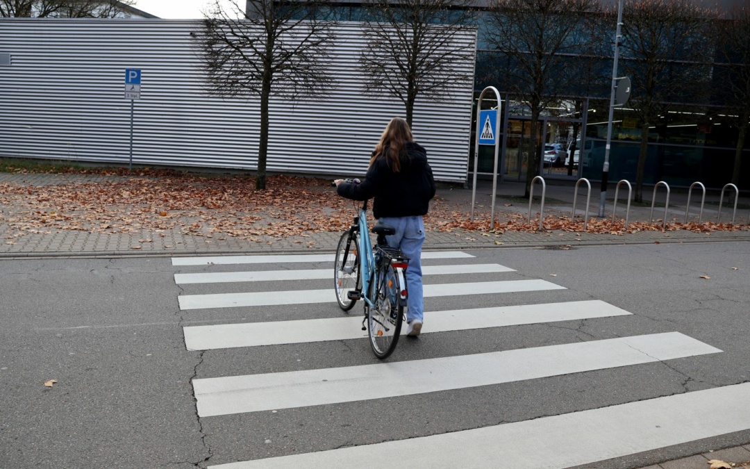 Auf dem Zebrastreifen das Fahrrad schieben