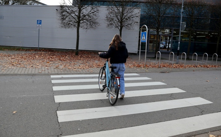 Auf dem Zebrastreifen das Fahrrad schieben
