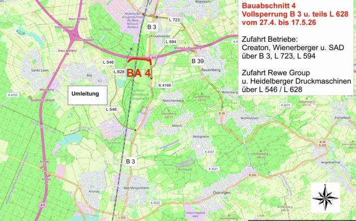 B 3, L546 und L628: Sanierung der Fahrbahndecken zwischen Malsch und Frauenweiler